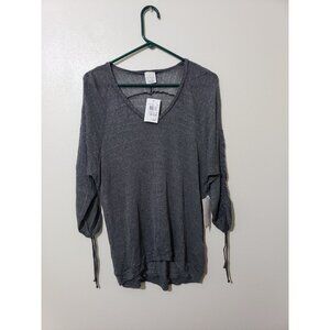 Ella Moss gray, 3/4 draw string sleeve, sheer print,  hi low blouse, top, size L